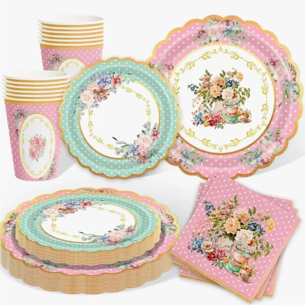 Floral Party Tableware 50-pc Set with Pink and Green Accents (Serves 10)